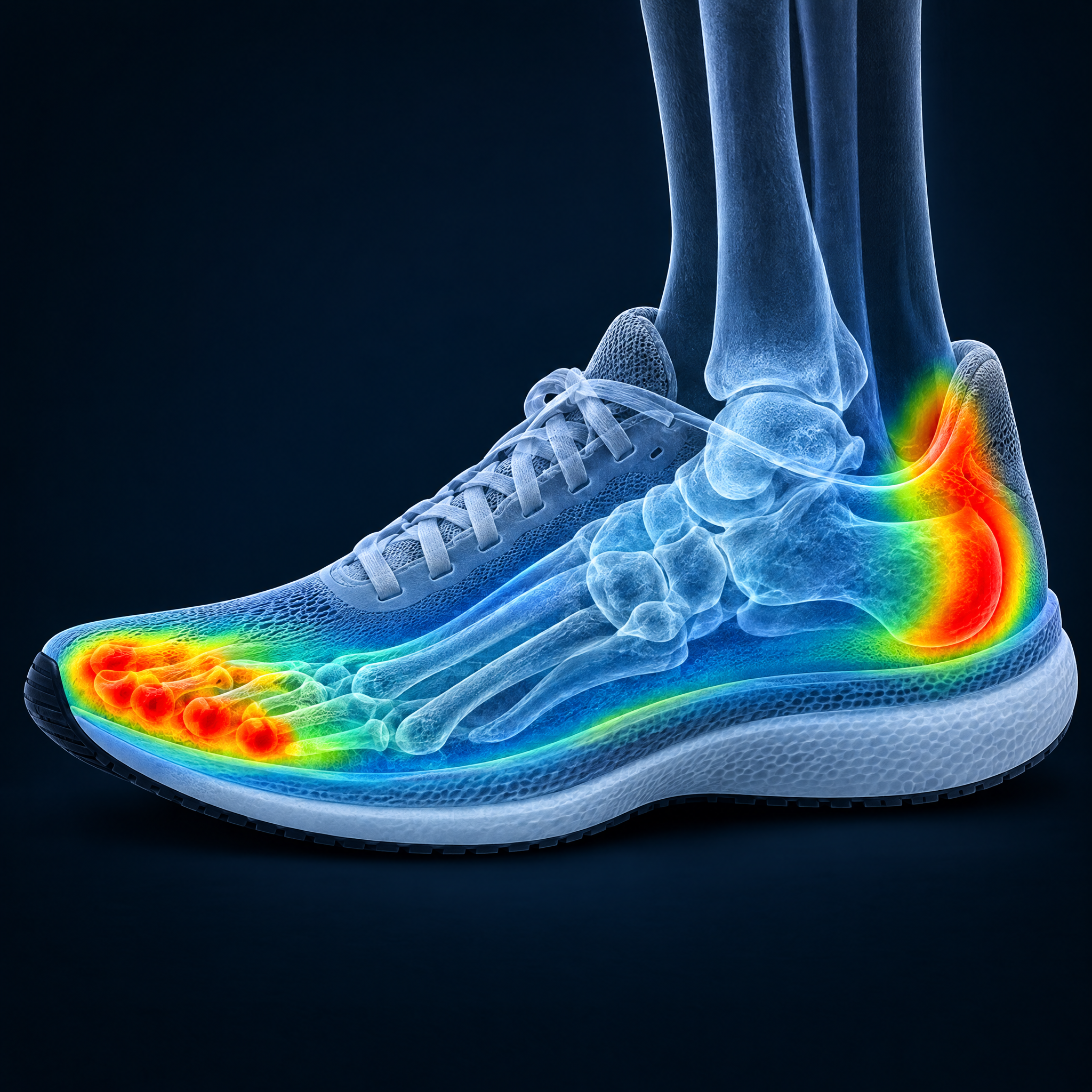 Pressure map of a shoe, hot at the toes and heel